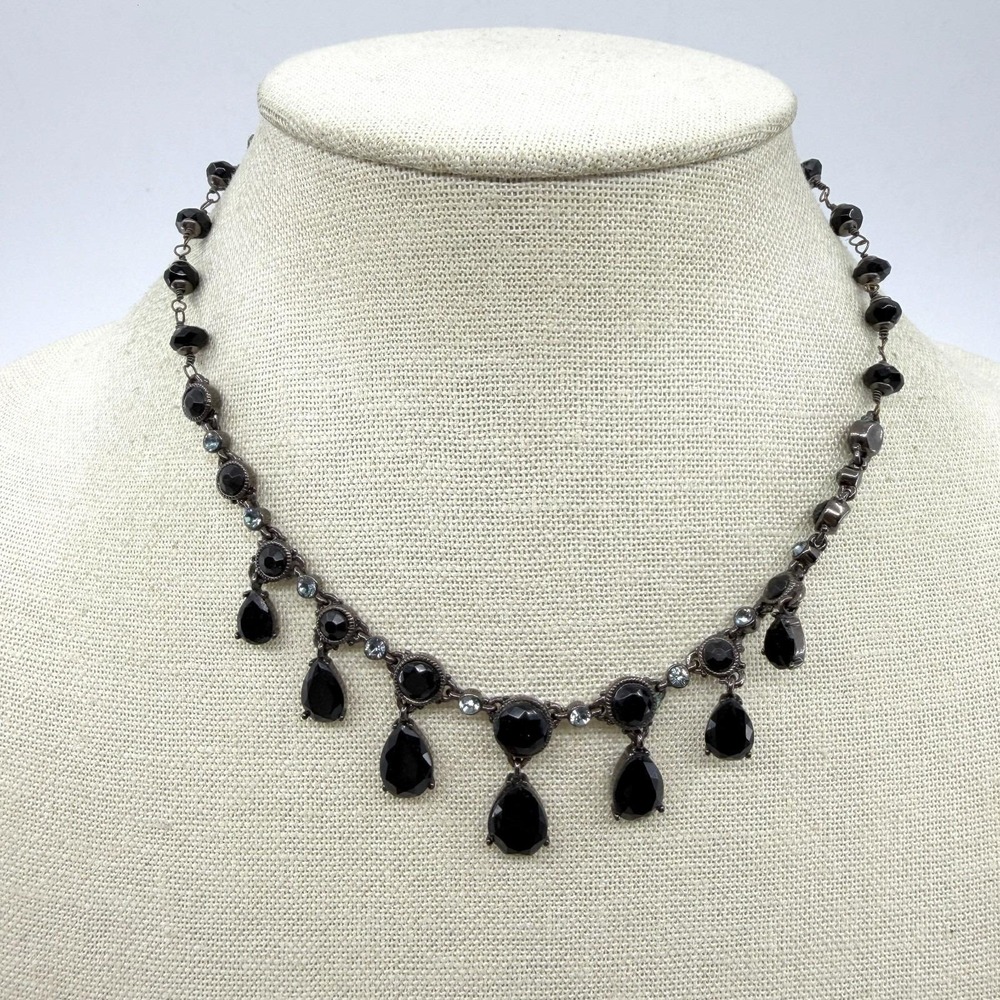 Black Faceted Teardrop Rhinestone Necklace Gunmetal Gothic Statement Jewelry